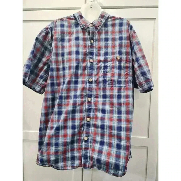 Duluth Trading Mens Relaxed Fit Short Sleeve Shirt Sz XL Red/Blue Plaid Cotton - Picture 1 of 6